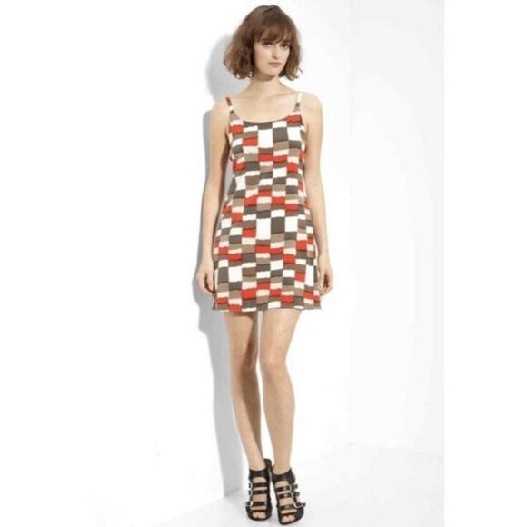 Alice + Olivia Multicolour Russell Silk Check Print Geo Mini Slip Dress Women's - Picture 1 of 9